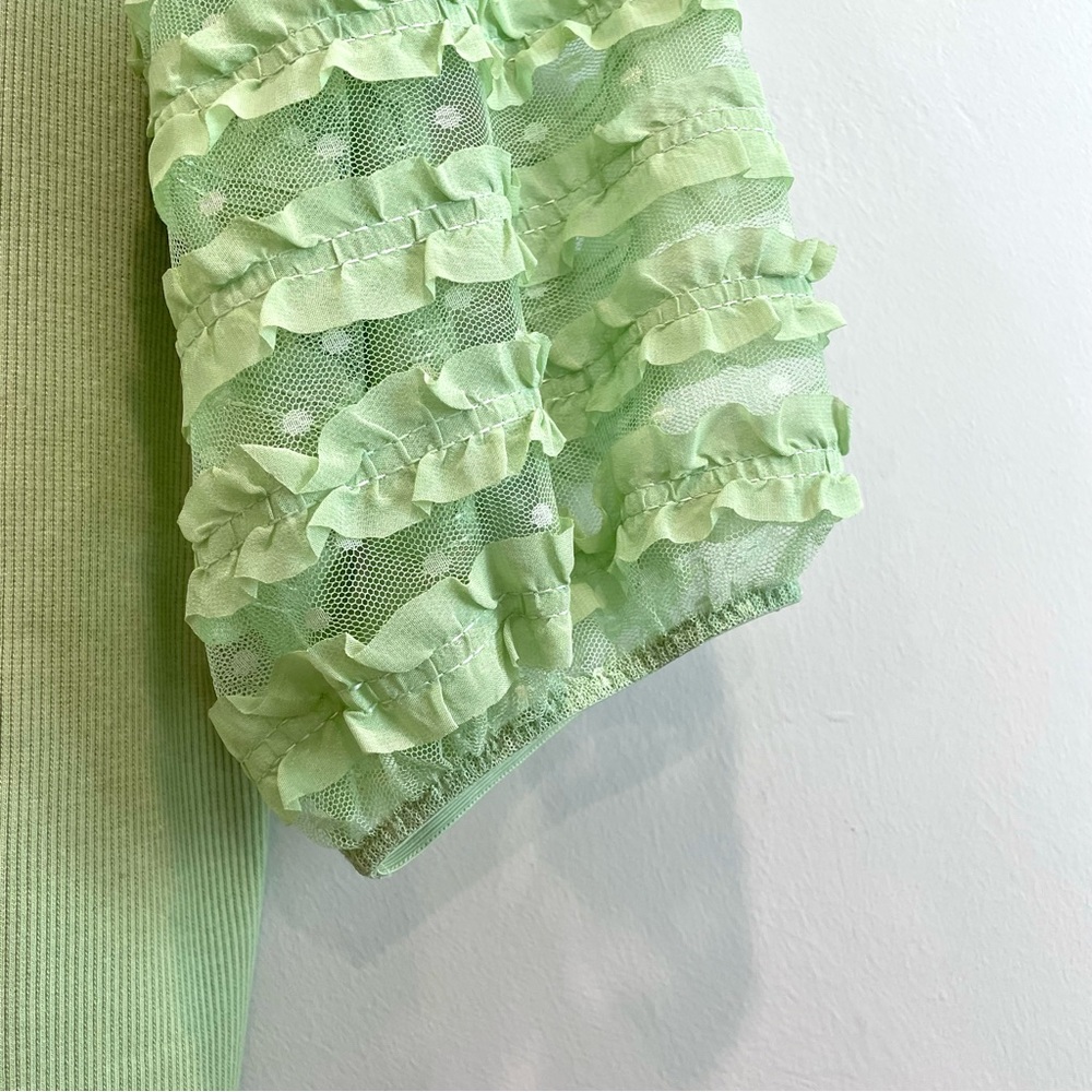 Dolan Short Sheer Puff Ruffle Sleeve Ribbed Top - Picture 12 of 12